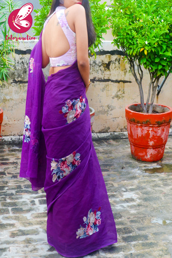 Purple Organdy Floral Applique Saree