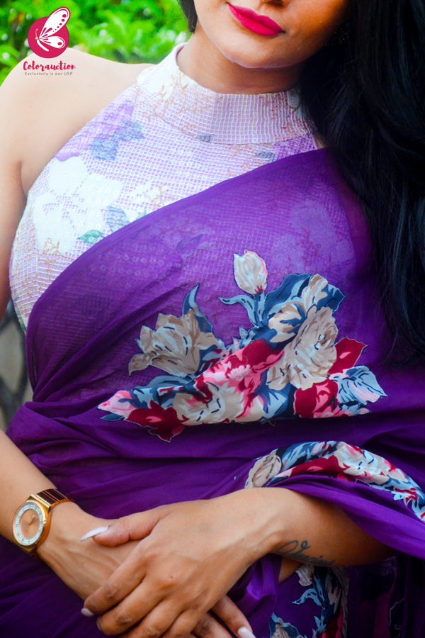 Purple Organdy Floral Applique Saree