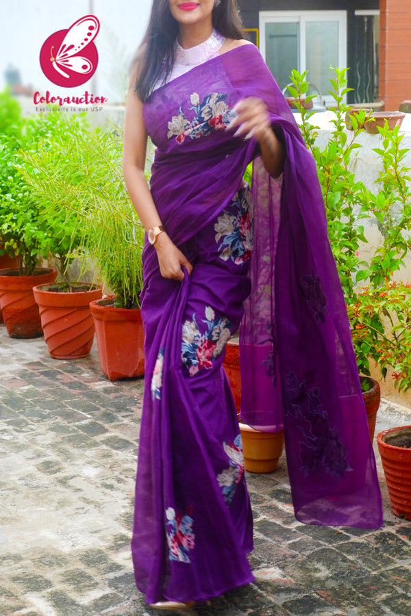 Purple Organdy Floral Applique Saree