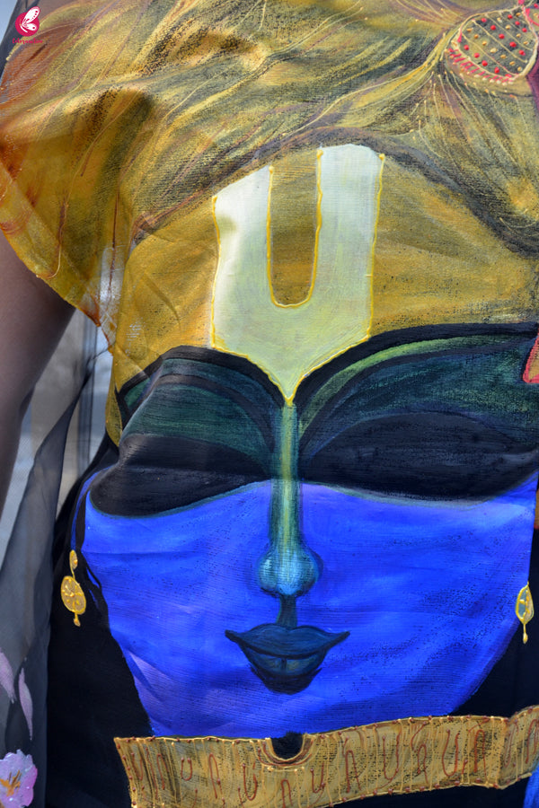 Black Handpainted Radha Krishna Organza Stole
