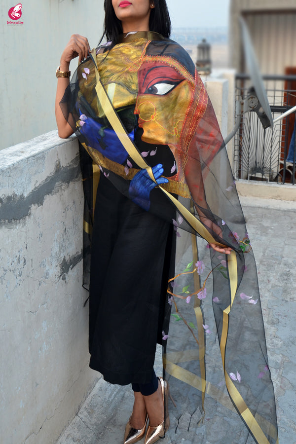 Black Handpainted Radha Krishna Organza Stole