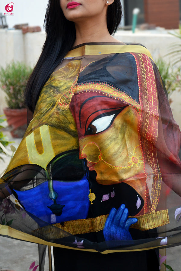 Black Handpainted Radha Krishna Organza Stole