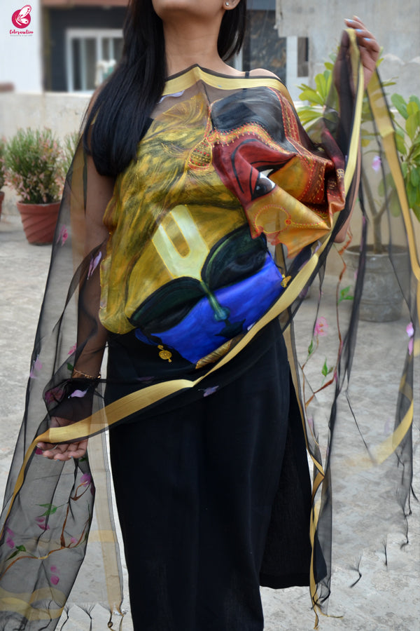 Black Handpainted Radha Krishna Organza Stole