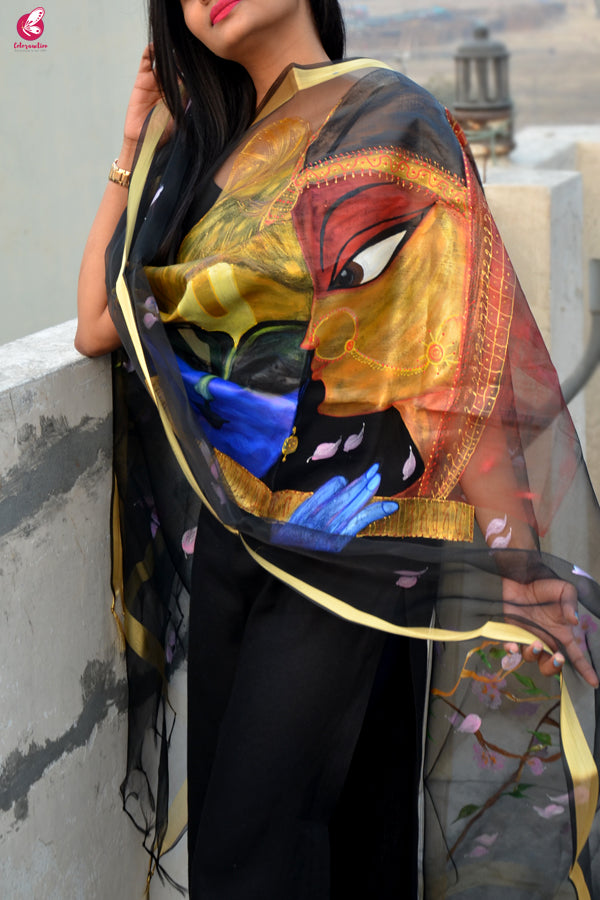 Black Handpainted Radha Krishna Organza Stole