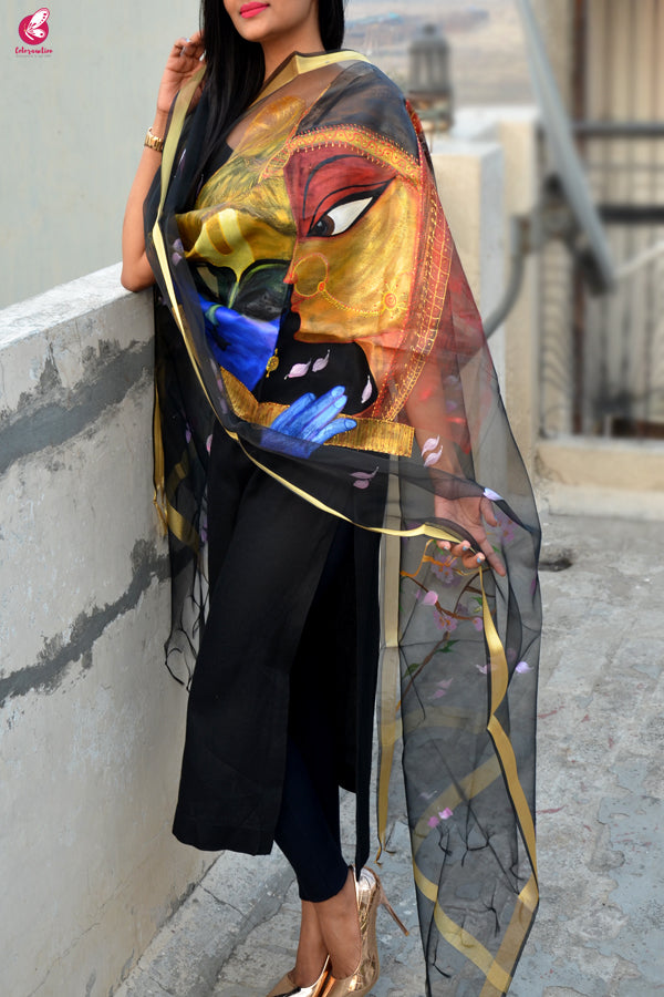 Black Handpainted Radha Krishna Organza Stole
