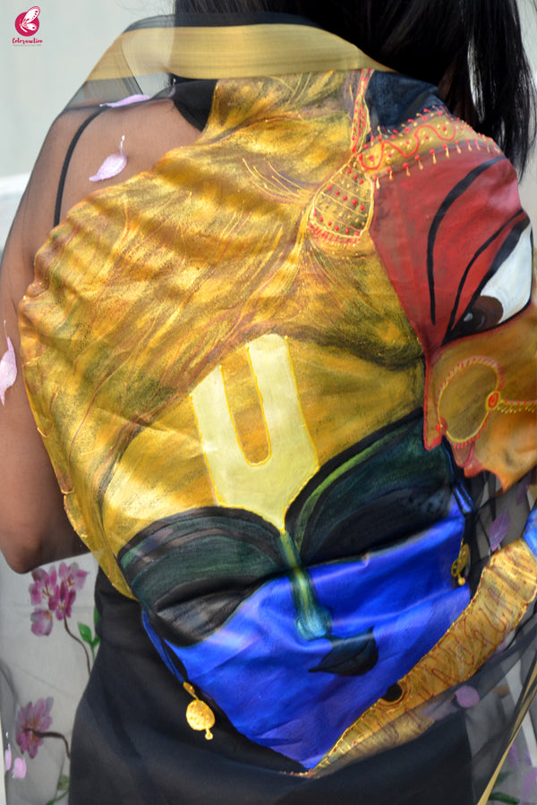 Black Handpainted Radha Krishna Organza Stole