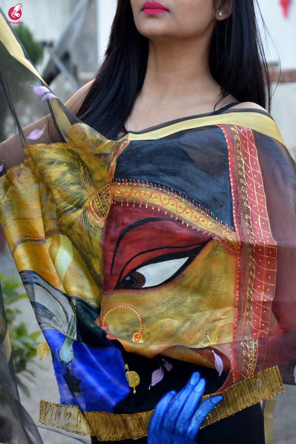 Black Handpainted Radha Krishna Organza Stole
