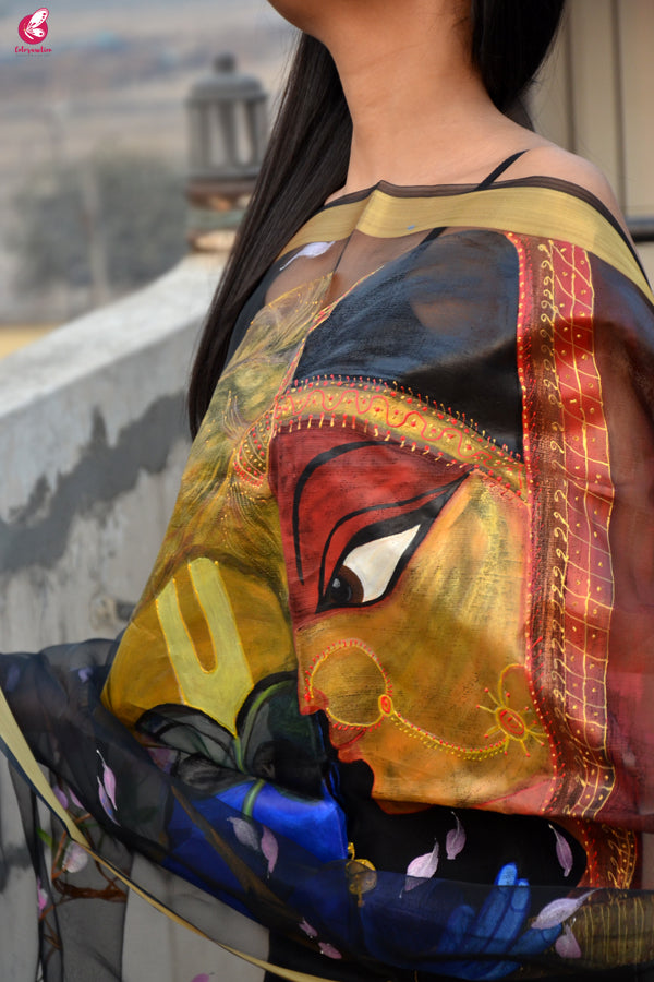 Black Handpainted Radha Krishna Organza Stole
