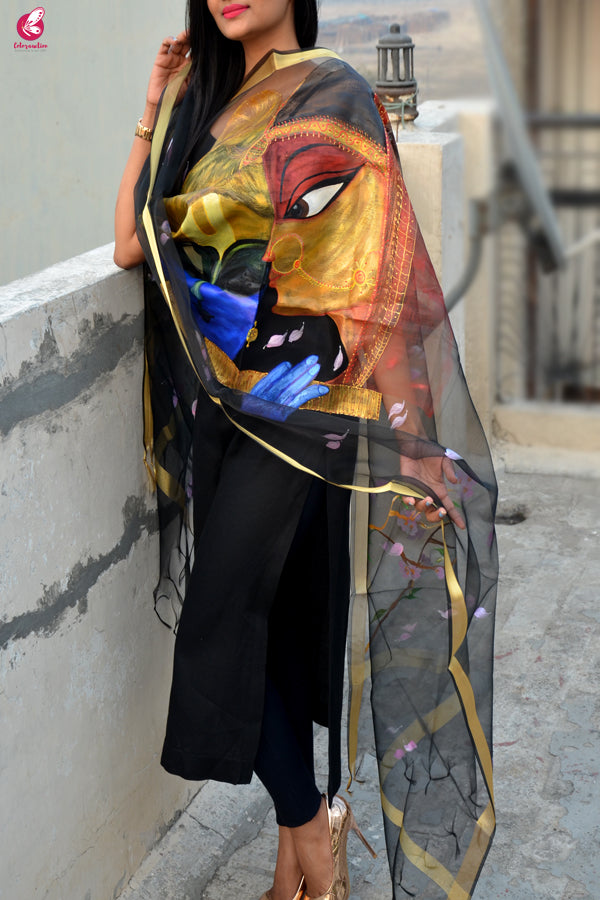 Black Handpainted Radha Krishna Organza Stole