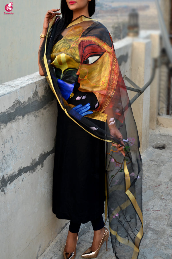 Black Handpainted Radha Krishna Organza Stole