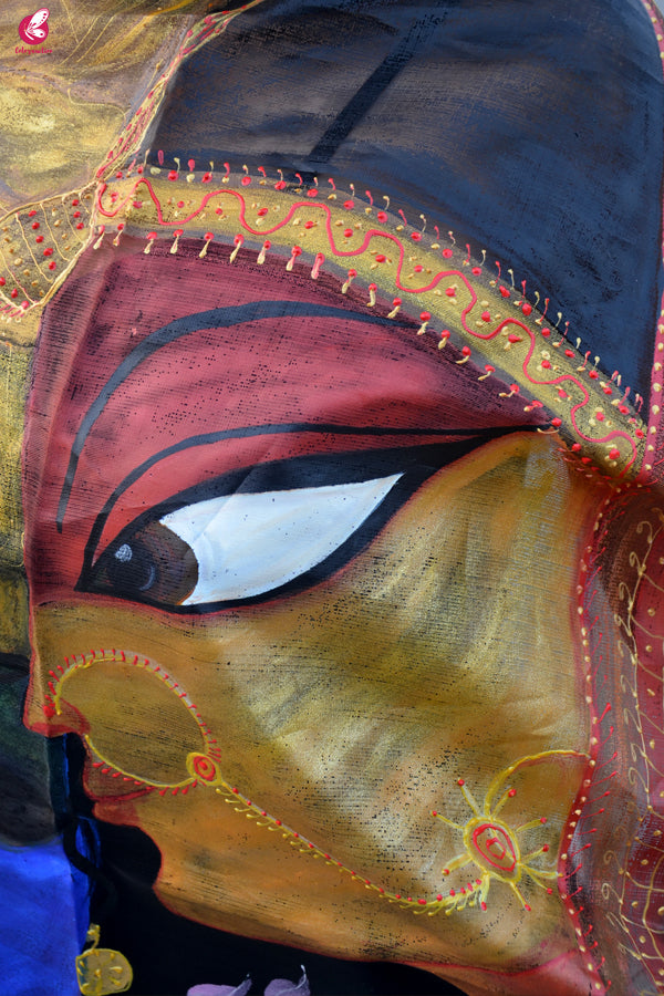 Black Handpainted Radha Krishna Organza Stole