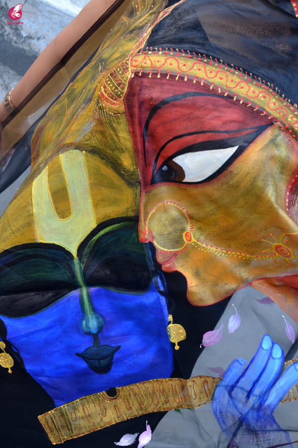 Black Handpainted Radha Krishna Organza Stole