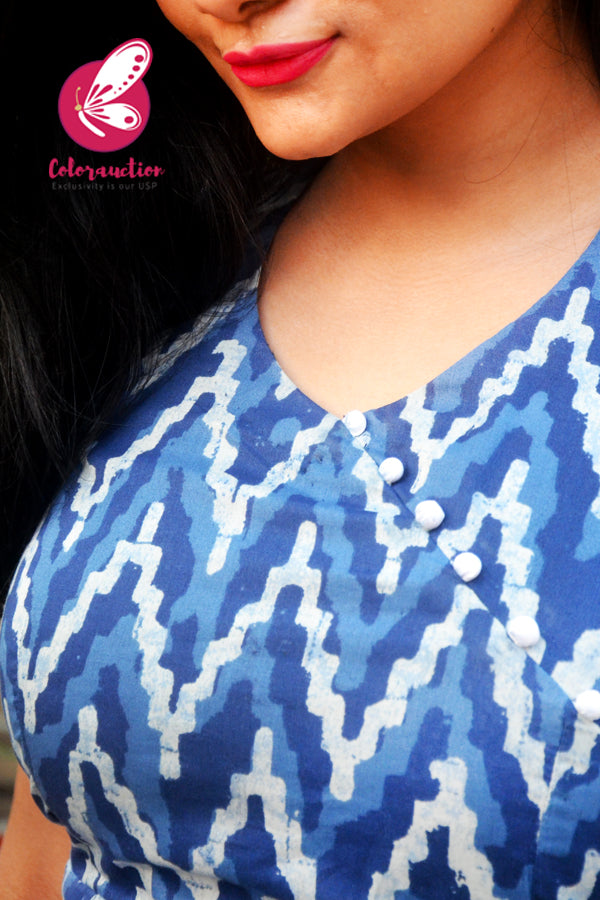 Indigo Blue Cambric Cotton Kurti with Blue and White Cambric Cotton Palazzo Kurti Set