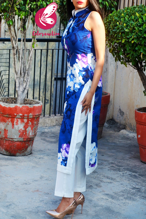 Blue Rayon Printed Floral Kurti with White Cotton Silk Pants Kurti Set