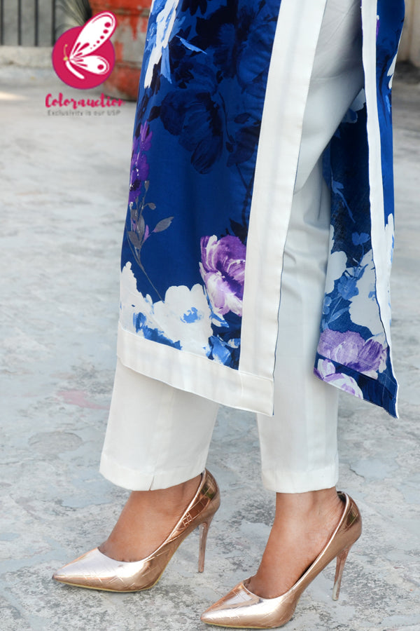 Blue Rayon Printed Floral Kurti with White Cotton Silk Pants Kurti Set