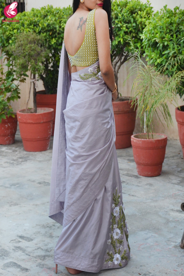 Lavender Grey Pure Silk Floral Ribbon Handwork Saree