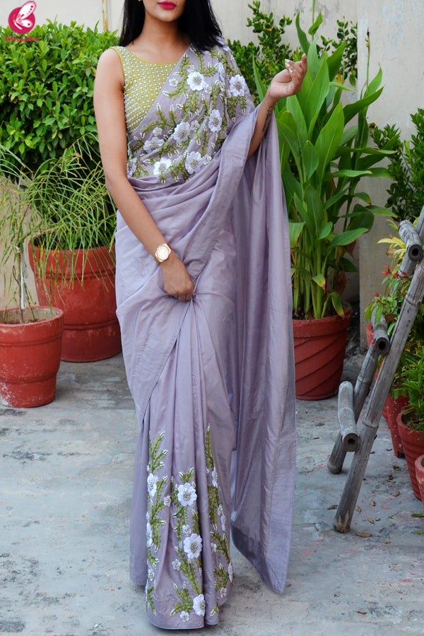 Lavender Grey Pure Silk Floral Ribbon Handwork Saree