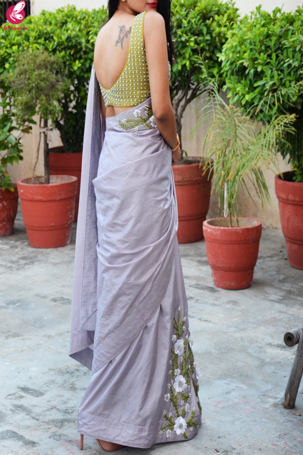 Lavender Grey Pure Silk Floral Ribbon Handwork Saree