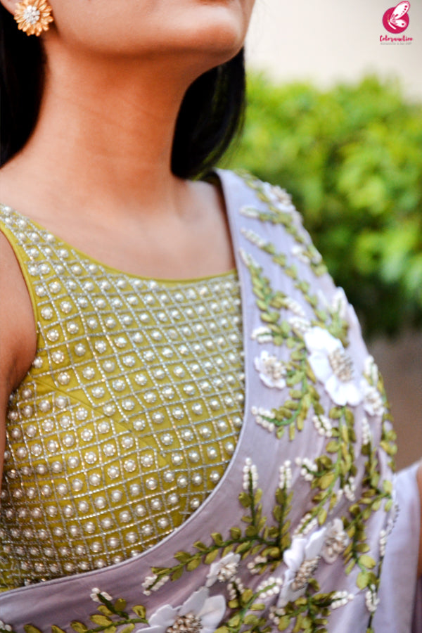 Lavender Grey Pure Silk Floral Ribbon Handwork Saree