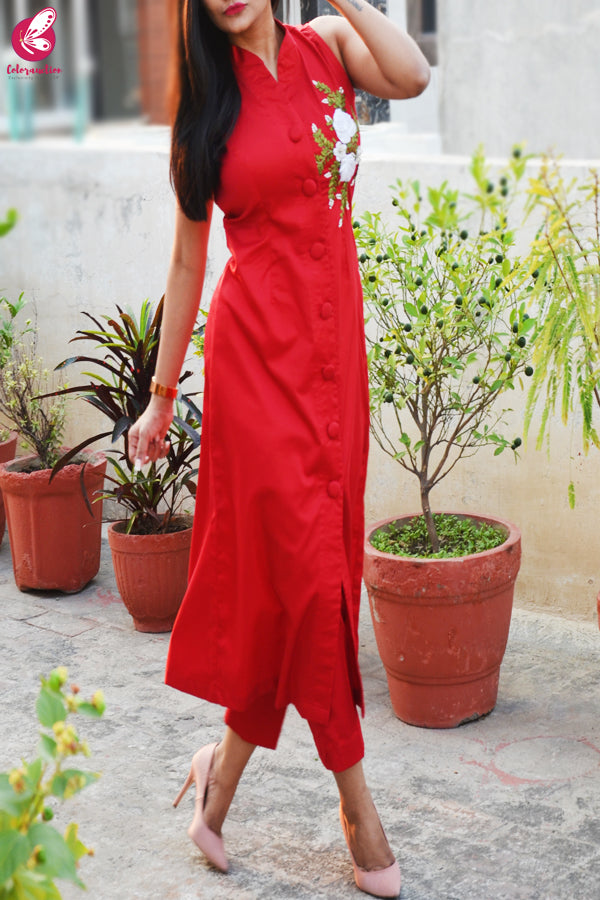 Red Ribbon Handwork Cotton Silk Kurti with Red Cotton Silk Pants