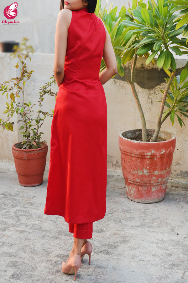 Red Ribbon Handwork Cotton Silk Kurti with Red Cotton Silk Pants