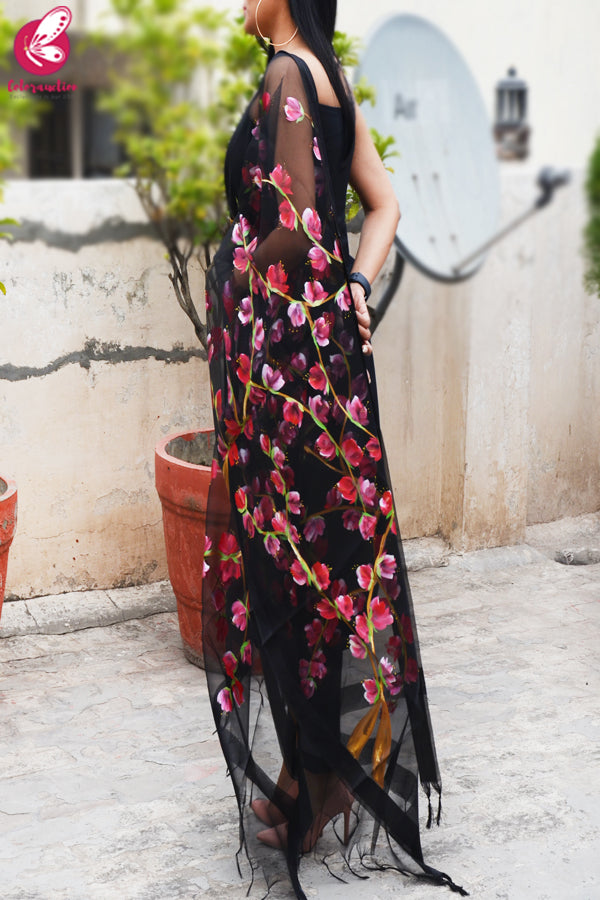 Black Organza Red Hand painted Stole