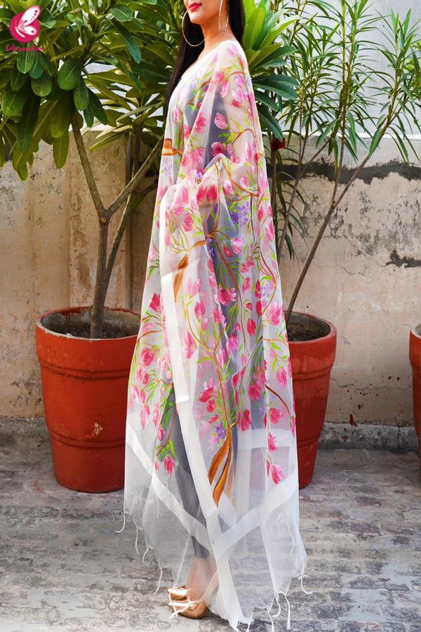 White Organza Handpainted Multicolored Floral Stole