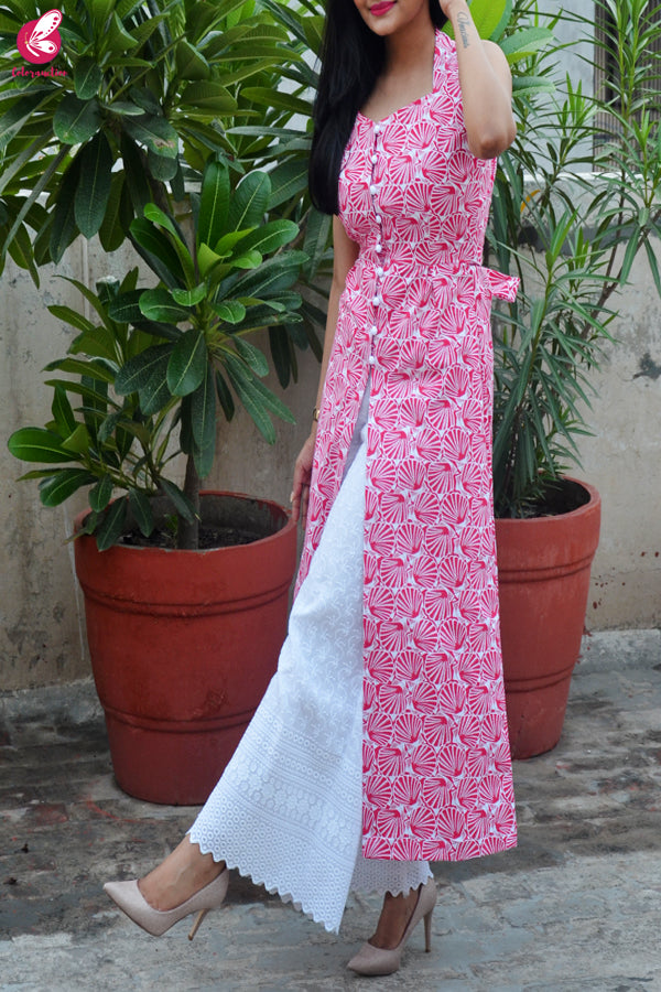 Red &amp; White Printed Suede Velvet Cotton Kurti with Front Slit