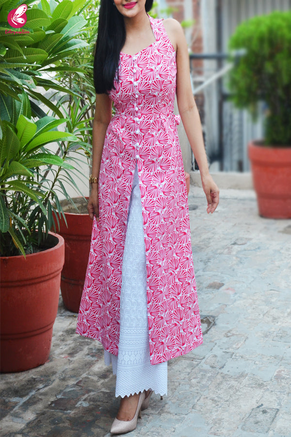 Red & White Printed Suede Velvet Cotton Kurti with Front Slit