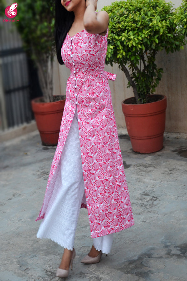 Red &amp; White Printed Suede Velvet Cotton Kurti with White Chikankari Full Lining Cotton Palazzo