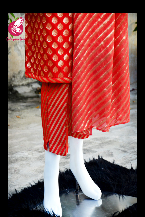 Red Golden Padded Silk Brocade Sleeveless Kurti with Red Golden Brocade Lehriya Silk Pants and Red Golden Lehriya Dupatta