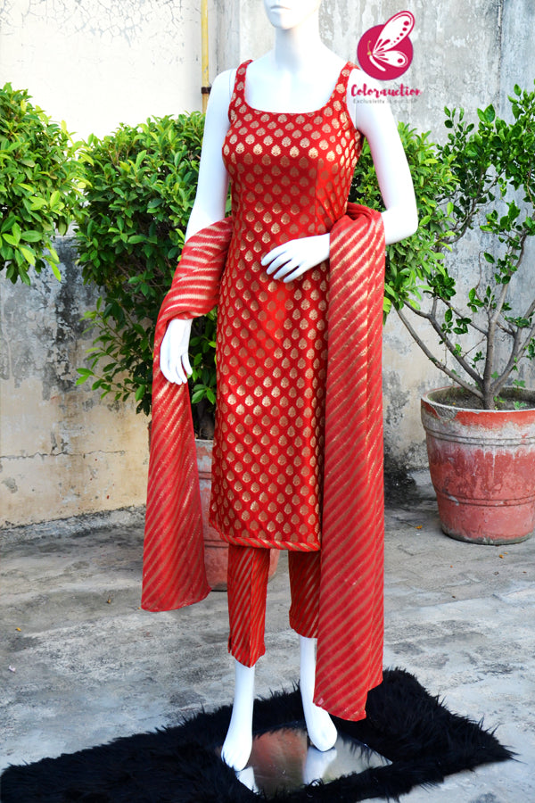 Red Golden Padded Silk Brocade Sleeveless Kurti with Red Golden Brocade Lehriya Silk Pants and Red Golden Lehriya Dupatta
