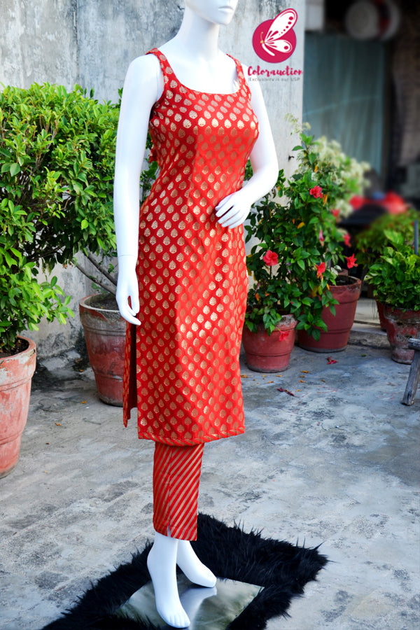 Red Golden Padded Silk Brocade Sleeveless Kurti with Red Golden Brocade Lehriya Silk Pants and Red Golden Lehriya Dupatta