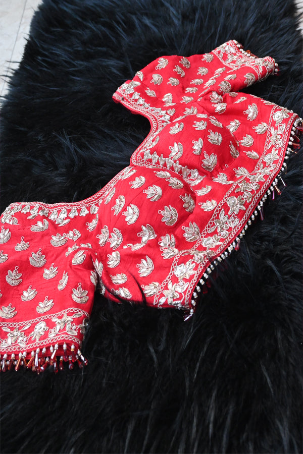 Red Raw Silk Dabka Sequins Hand Embroidered Padded Heavy Blouse