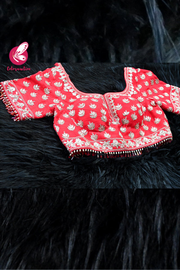 Red Raw Silk Dabka Sequins Hand Embroidered Padded Heavy Blouse
