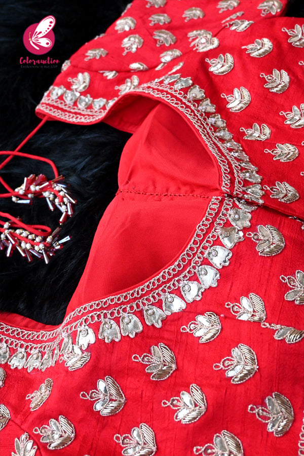 Red Raw Silk Dabka Sequins Hand Embroidered Padded Heavy Blouse