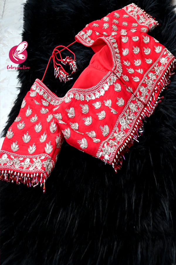 Red Raw Silk Dabka Sequins Hand Embroidered Padded Heavy Blouse