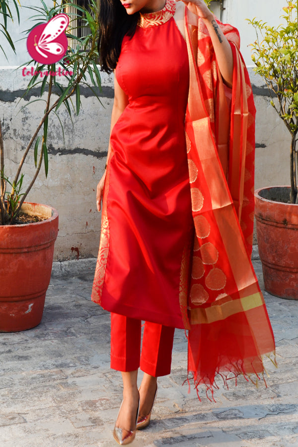 Red Cotton Silk Golden Brocade Padded Kurti with Red Cotton Silk Pants and Red Golden Chanderi Dupatta