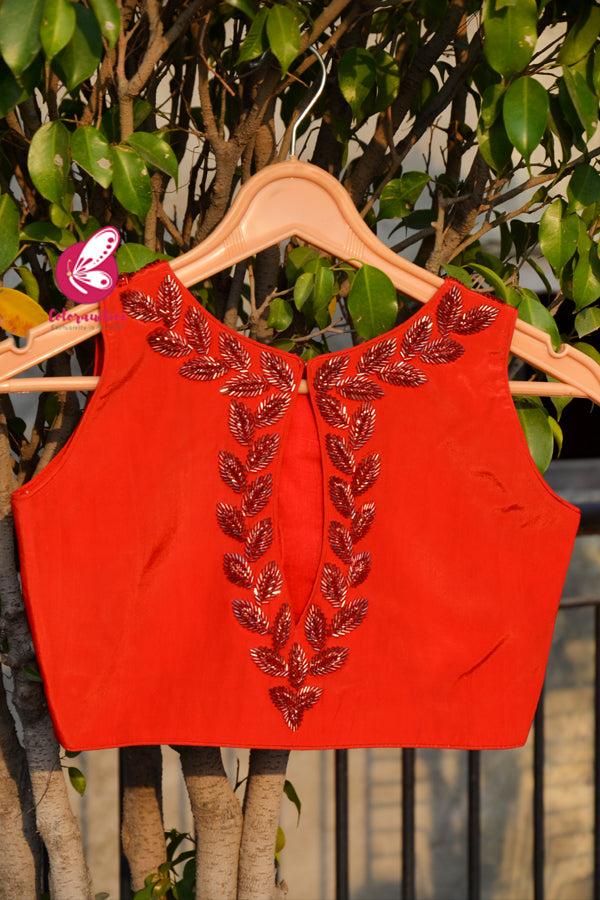 Red Crepe Beads Handwork Padded Keyhole Back Blouse