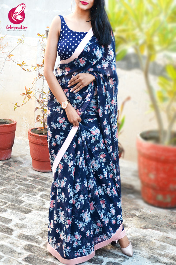 Multicolored Chiffon Peach Taping Saree