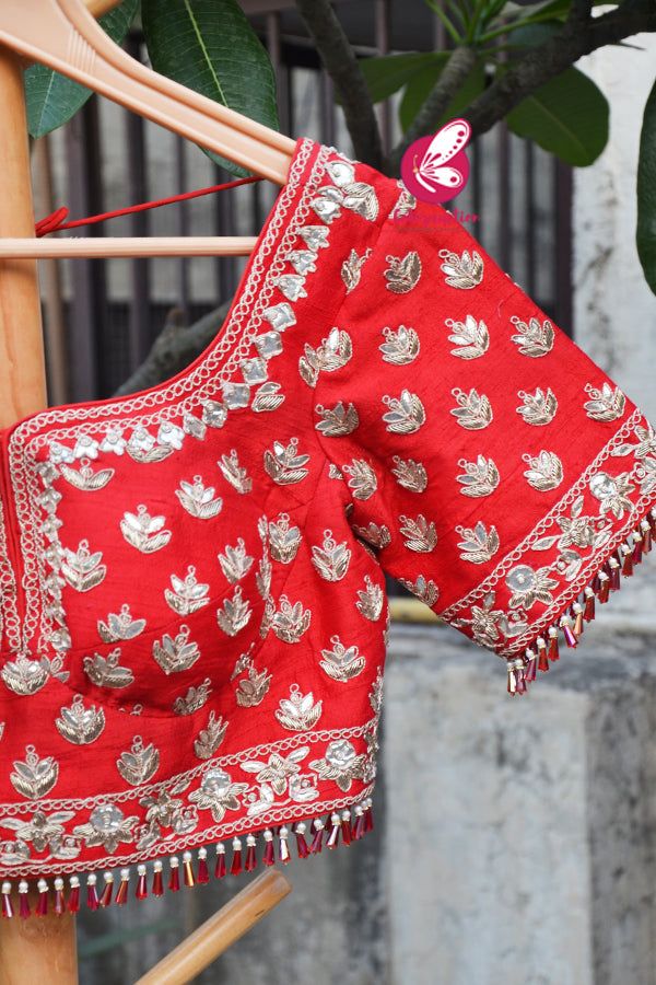 Red Raw Silk Dabka Sequins Hand Embroidered Padded Heavy Blouse