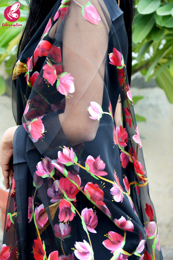 Black Organza Red Hand painted Stole