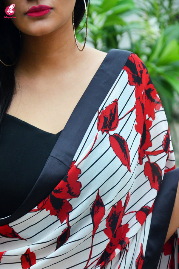 Red &amp; Black Satin Taping Georgette Saree