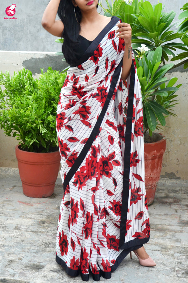 Red &amp; Black Satin Taping Georgette Saree