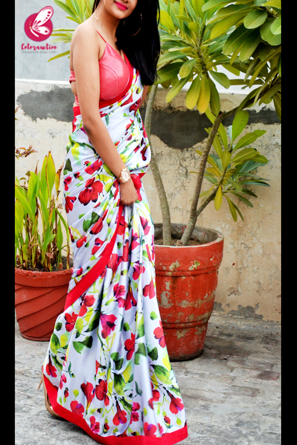 Red &amp; Grey Printed Satin Red Dupion Taping Saree