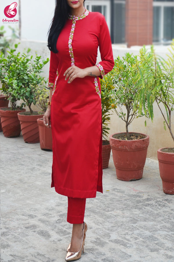 Red Cotton Silk Embroidered Kurti Set