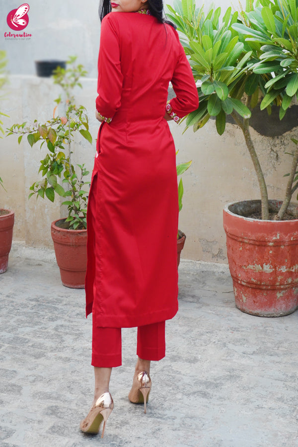 Red Cotton Silk Embroidered Kurti Set