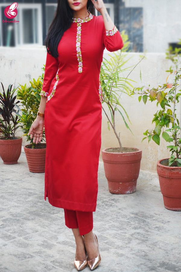 Red Cotton Silk Embroidered Kurti Set