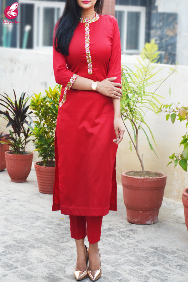 Red Cotton Silk Embroidered Kurti Set