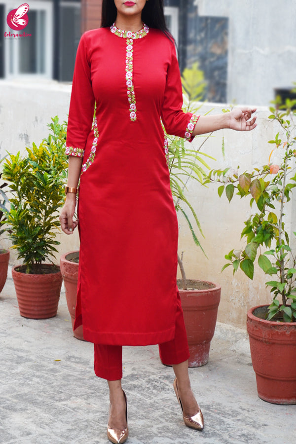 Red Cotton Silk Embroidered Kurti Set